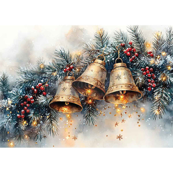 Decorative image of three gold bells hanging among Christmas tree branches with red berries and twinkling lights on a soft, blurred background.