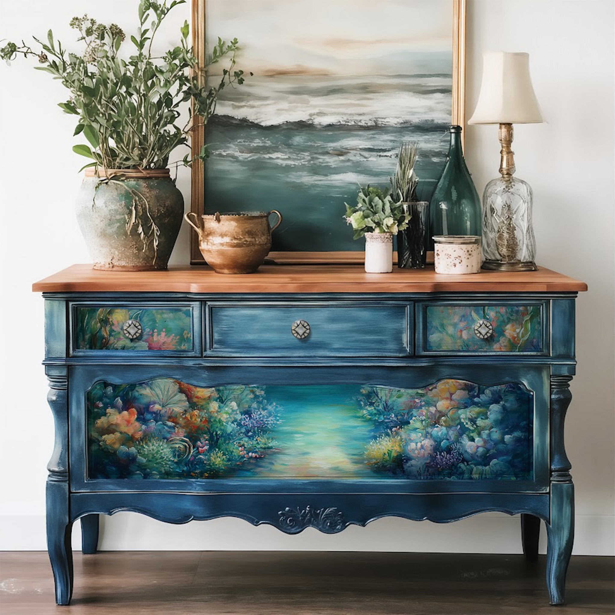 A vintage dresser is painted blue with a natural wood top and features ReDesign with Prima's Beneath the Blue A1 Fiber Paper on the front.