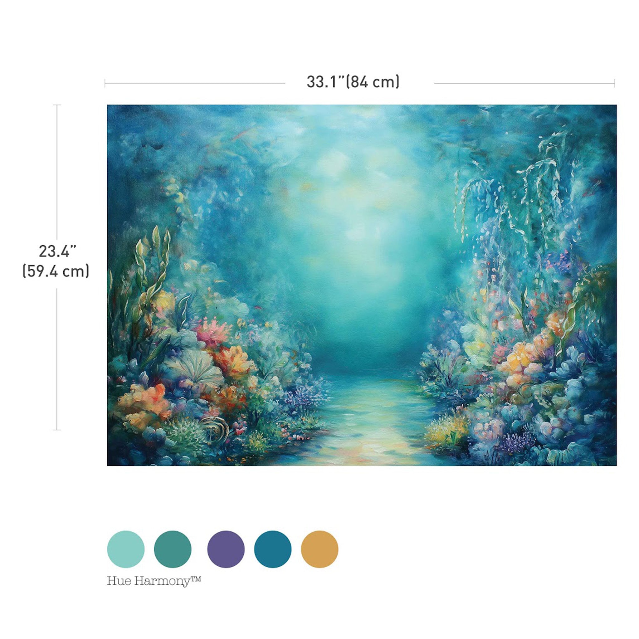 A sheet of ReDesign with Prima's Exclusive Beneath the Blue A1 Fiber Paper is against a white background. Measurements for the sheet reads 33.1" (84 cm) x 23.4" (59.4). Five coordinating color samples are below the sheet.