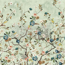 Close-up of an A1 fiber paper that features delicate climbing flowers in blue, white, and mustard hues against a soft green background.