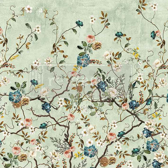 Close-up of an A1 fiber paper that features delicate climbing flowers in blue, white, and mustard hues against a soft green background.