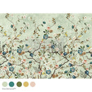 A1 fiber paper that features delicate climbing flowers in blue, white, and mustard hues against a soft green background. Five color samples are under the paper.