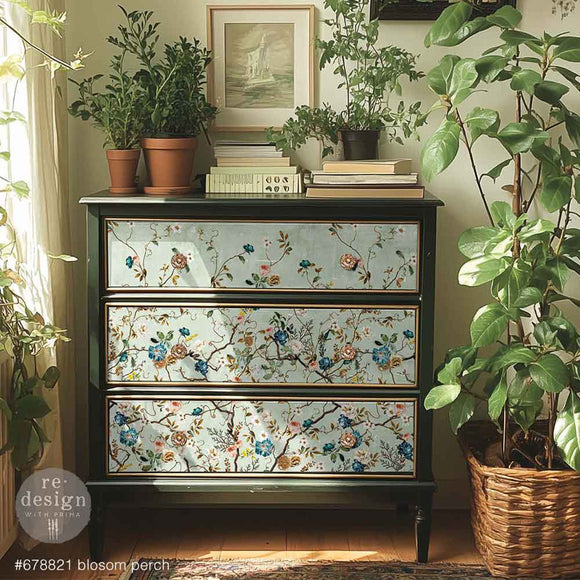 A 3-drawer chest dresser is painted black-brown and features ReDesign with Prima's Blossom Perch A1 fiber paper on the drawers.