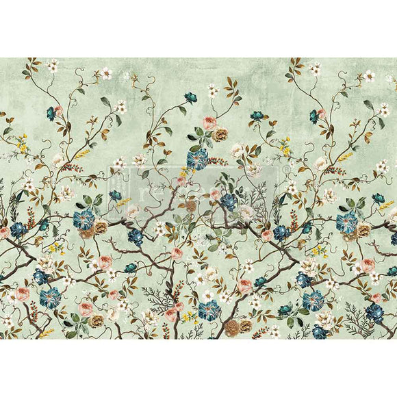 A1 fiber paper that features delicate climbing flowers in blue, white, and mustard hues against a soft green background.