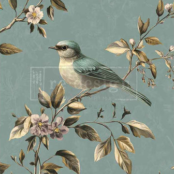 Close-up of an A1 fiber paper features a charming bird nestled among flowering branches on a soft blue background.