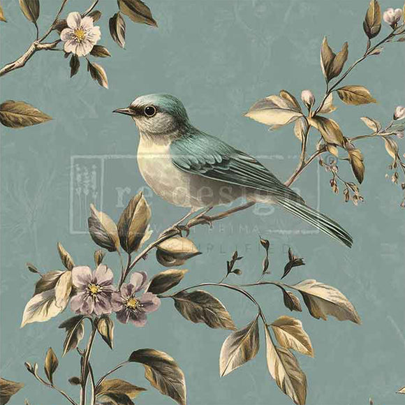 Close-up of an A1 fiber paper features a charming bird nestled among flowering branches on a soft blue background.