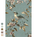 A1 fiber paper features a charming bird nestled among flowering branches on a soft blue background. Five color samples are to the left of the paper.