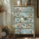 A 5-drawer chest dresser features ReDesign with Prima's Blue Song A1 fiber paper on the drawers.