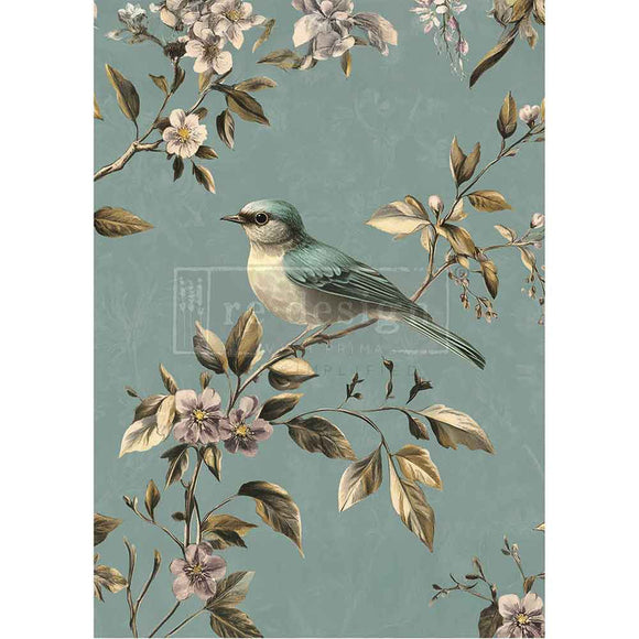 A1 fiber paper features a charming bird nestled among flowering branches on a soft blue background.