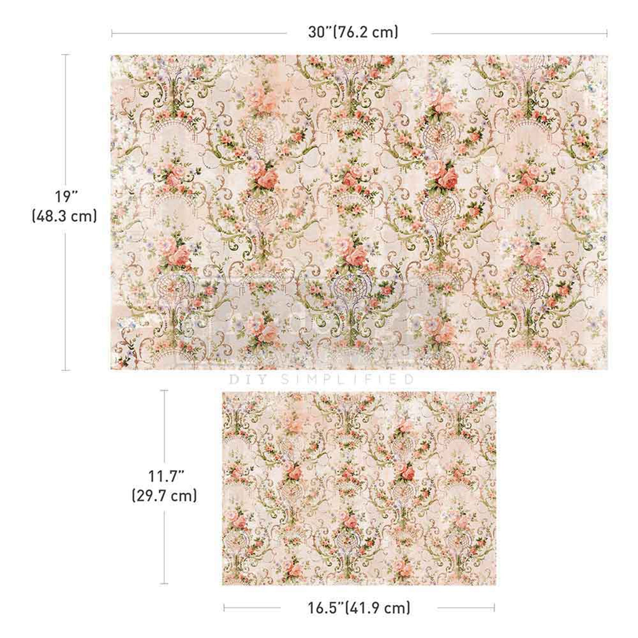 Two sheets of ReDesign with Prima's Blushing Bloom fiber papers are against a white background. Measurements for both sheets read: 30" (76.2 cm) by 19" (48.3 cm) and 11.7" (29.7 cm) by 16.5" (41.9 cm).