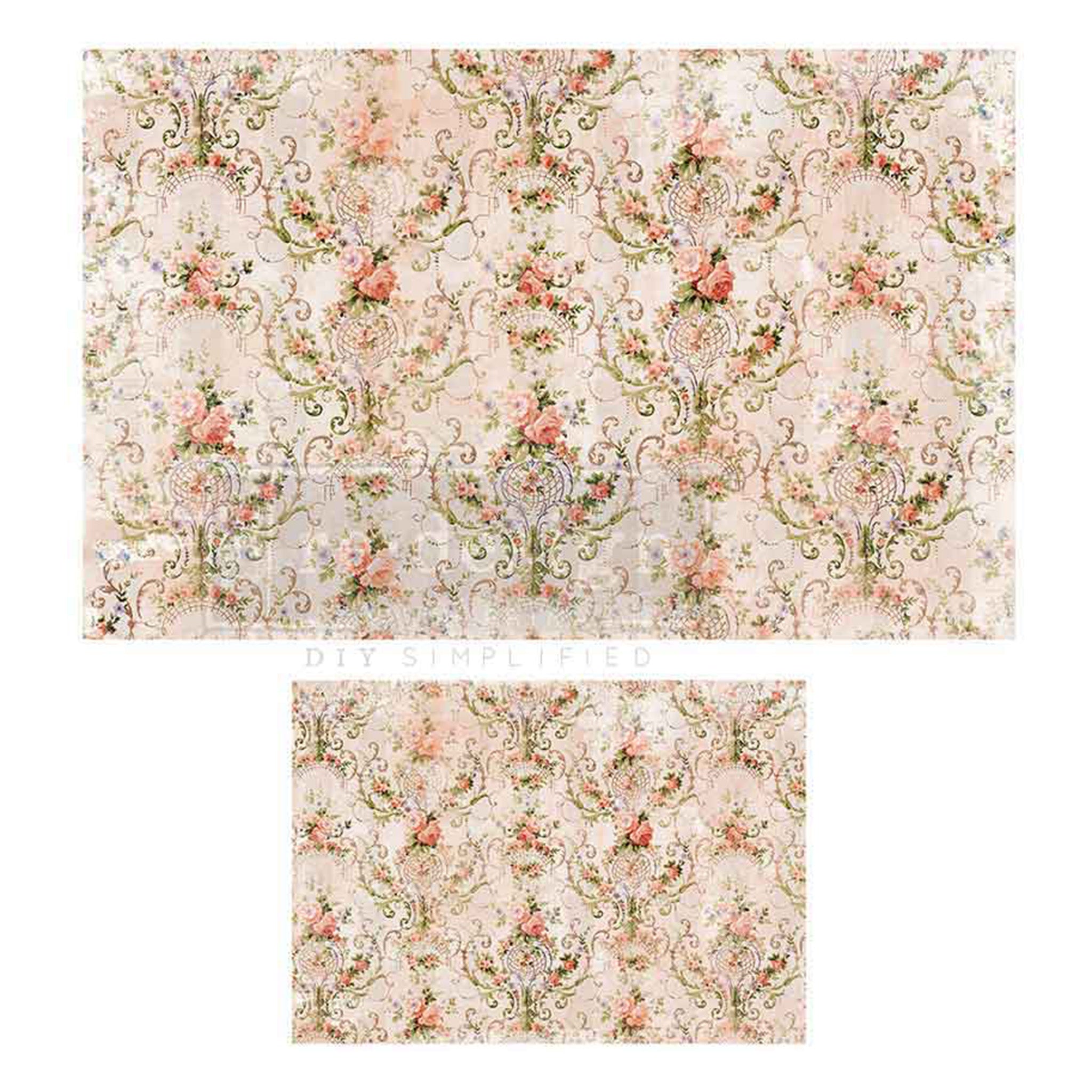 Two different size sheets of fiber paper featuring a creamy blush background and delicate pink vining flowers pattern are against a white background.