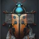Close-up of an A1 fiber paper that features a metallic, jewel-toned design of a scarab beetle on a rock against a dark grey background.