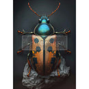 A1 fiber paper that features a metallic, jewel-toned design of a scarab beetle on a rock against a dark grey background. White borders are on the sides.