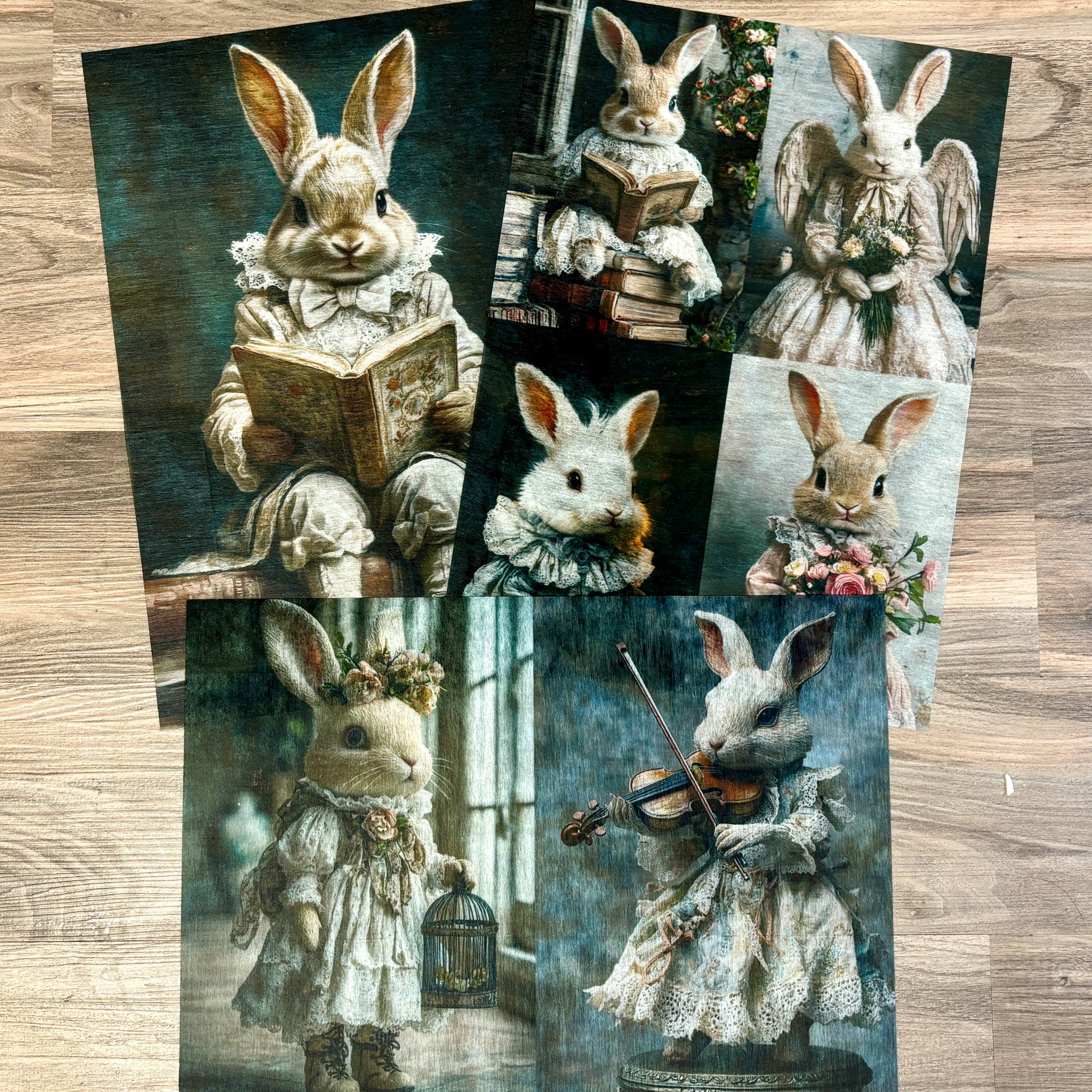 Three sheets of A3 fiber papers featuring 7 scenes of rabbits in vintage clothes reading books, playing a violin, carrying a bird cage, and holding bouquets of flowers are against a light wood background.