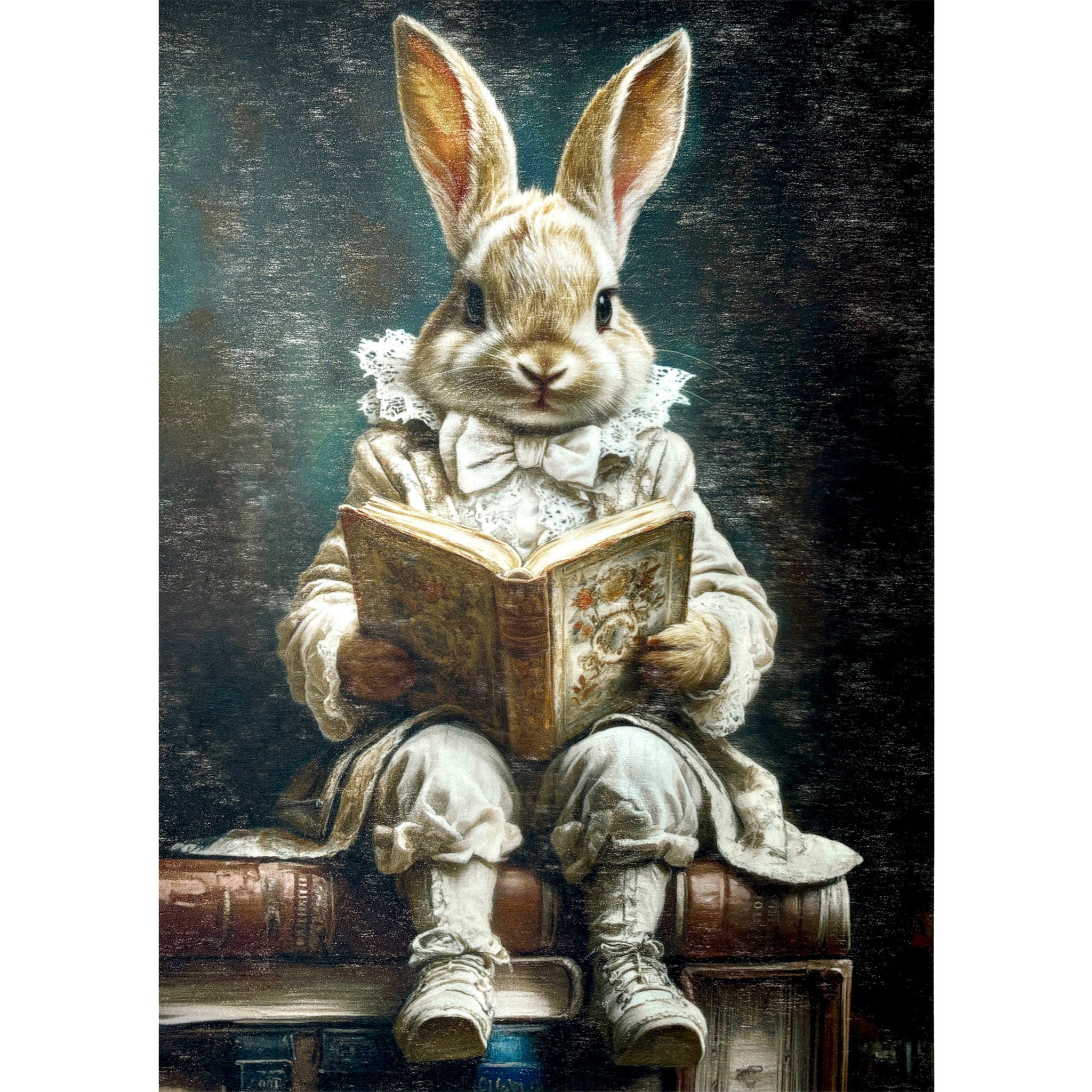 A3 fiber paper featuring a portrait of a bunny in vintage clothes reading a book. White borders are on the top and bottom.