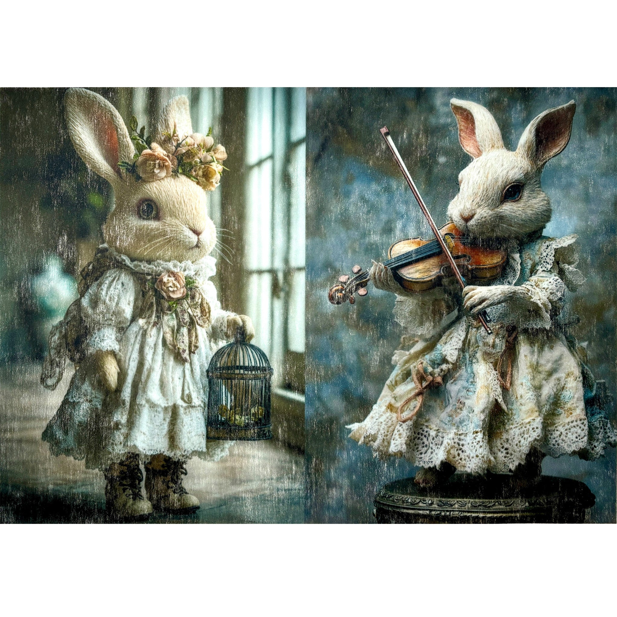 A3 fiber paper featuring 2 portraits of bunnies in vintage clothes, one playing a violin and one carrying a small bird cage. White borders are on the top and bottom.