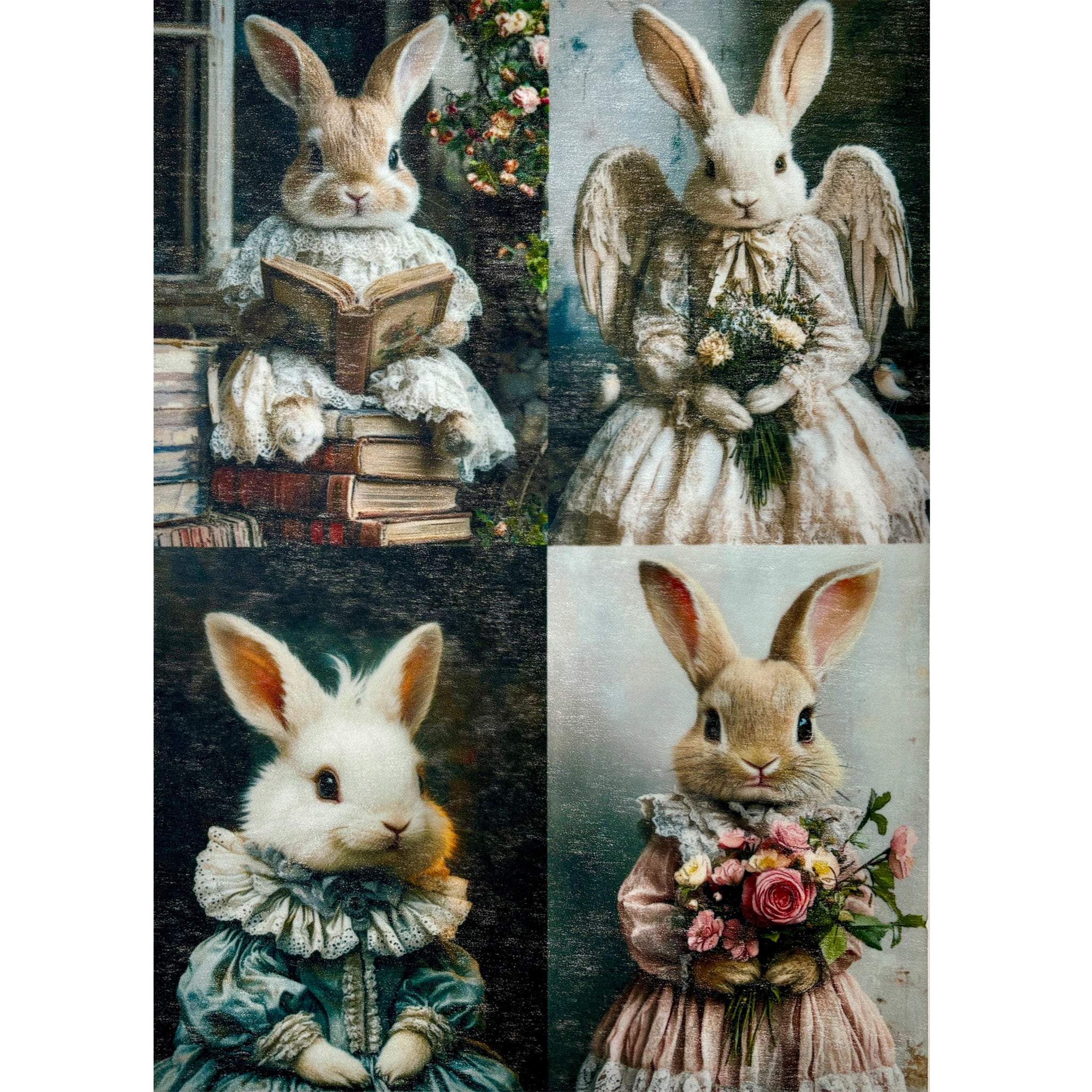 A3 fiber paper featuring 4 designs of portraits of bunnies in vintage clothes. White borders are on the sides.