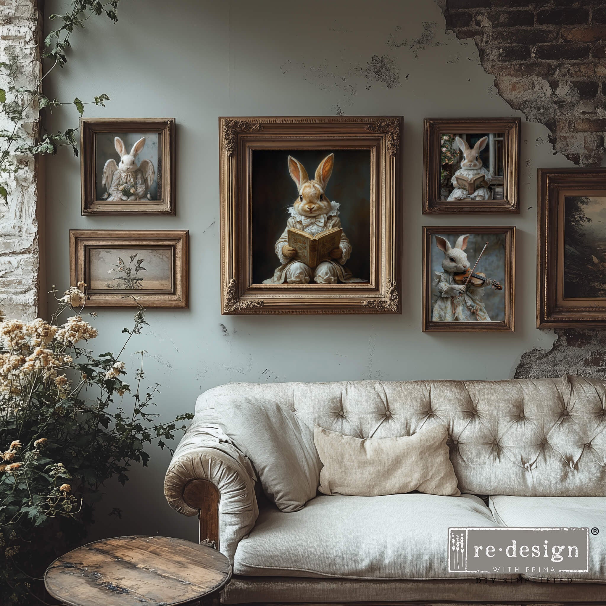 A gallery wall of wood photo frames feature ReDesign with Prima's Bunny Meadows Charm A3 fiber paper in them. A white couch sits under the gallery wall.