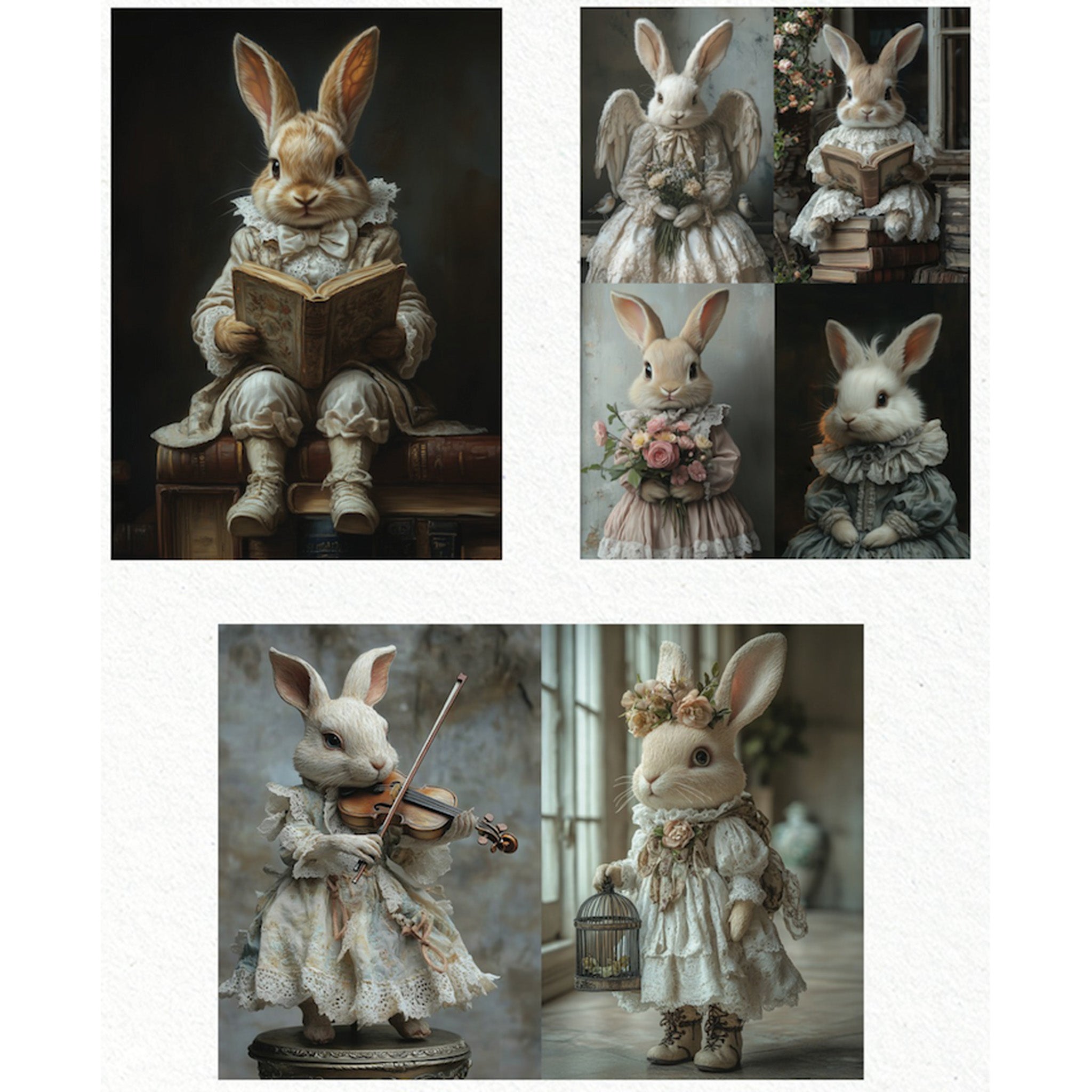 Three sheets of fiber papers against a white background feature 7 scenes of cute bunnies in vintage clothes.