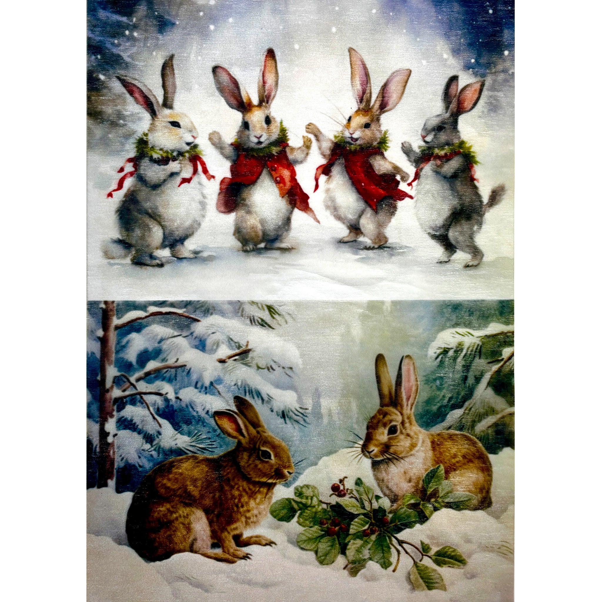 A3 fiber paper featuring 2 designs with bunnies in winter scenes. White borders are on the sides.