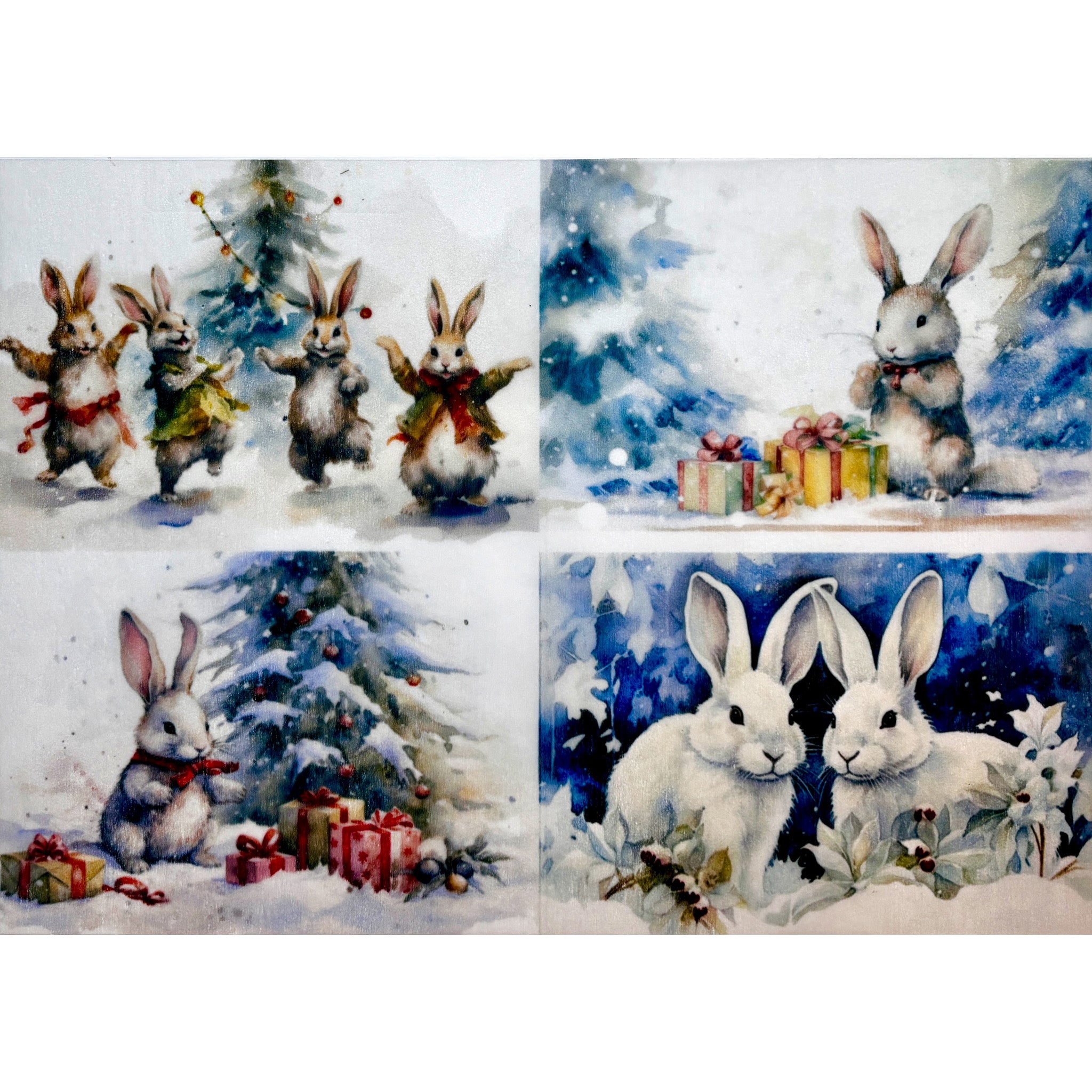 A3 fiber paper featuring 4 designs of playful bunnies in winter scenes. White borders are on the top and bottom.