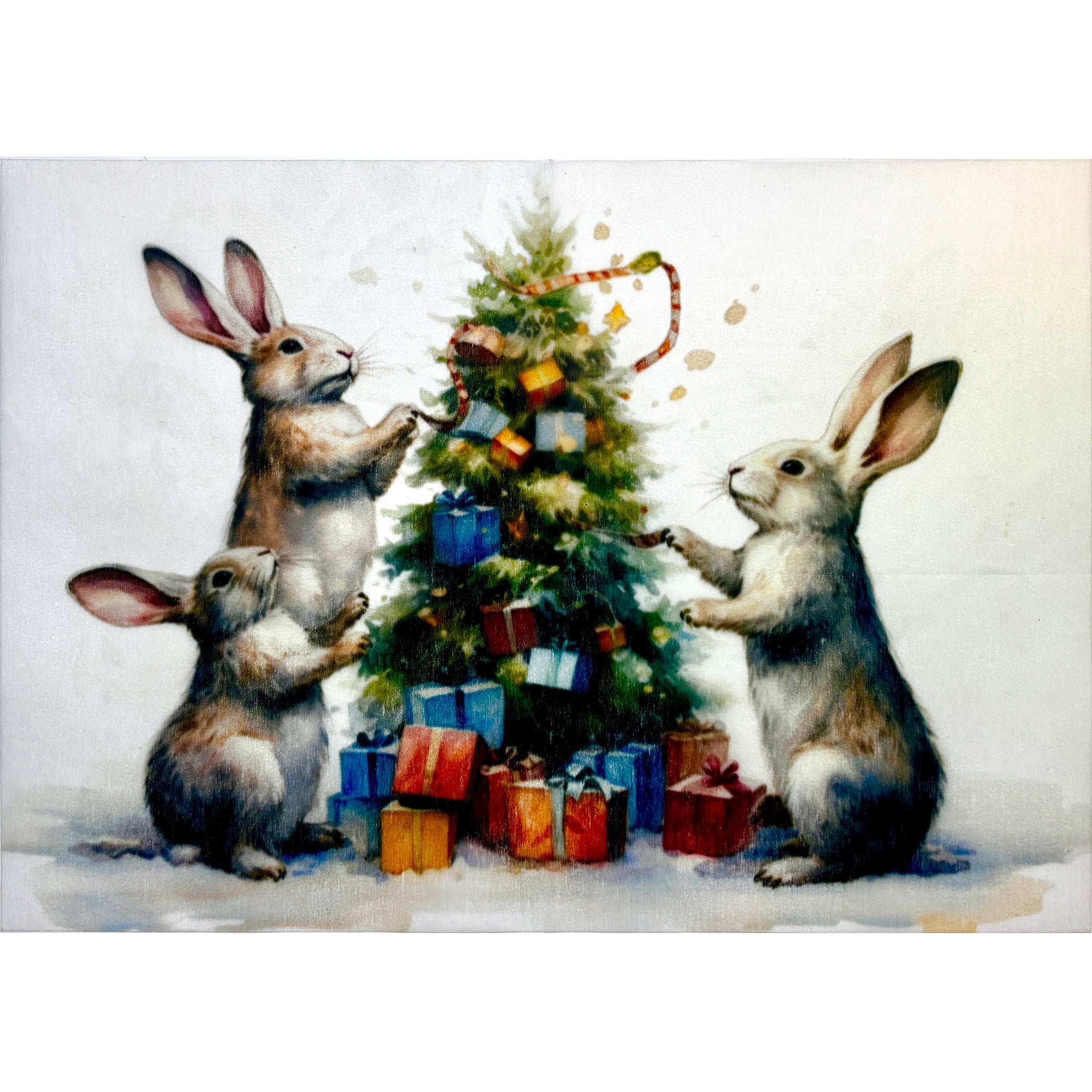 A3 fiber paper featuring 3 bunnies putting presents on a Christmas tree. White borders are on the top and bottom.