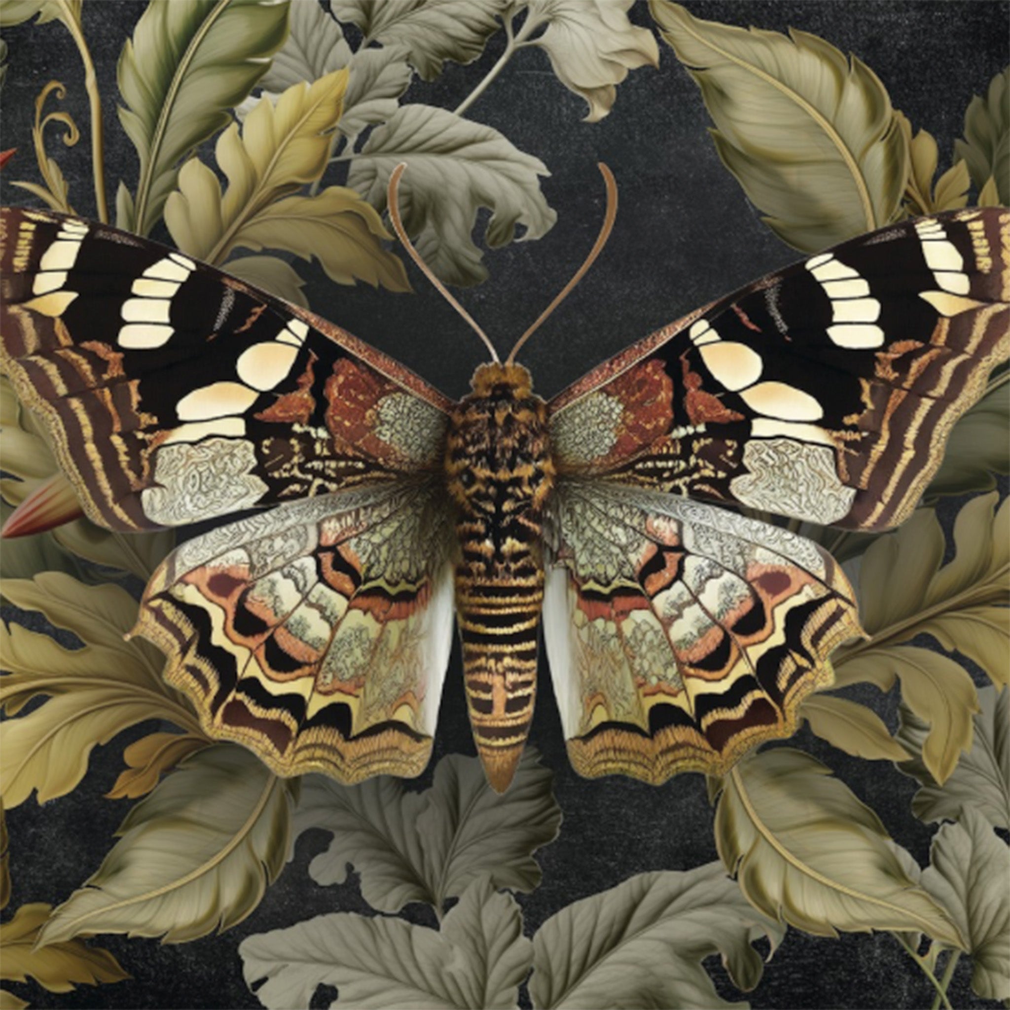 Close-up of an A1 fiber paper featuring a butterfly in intricate detail, surrounded by lush foliage on a dramatic dark backdrop.