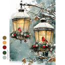 Two snow-covered lanterns with red birds and ornaments against a snowy background