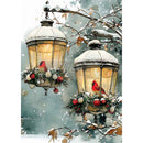 Two snow-covered lanterns with red birds and ornaments against a snowy background