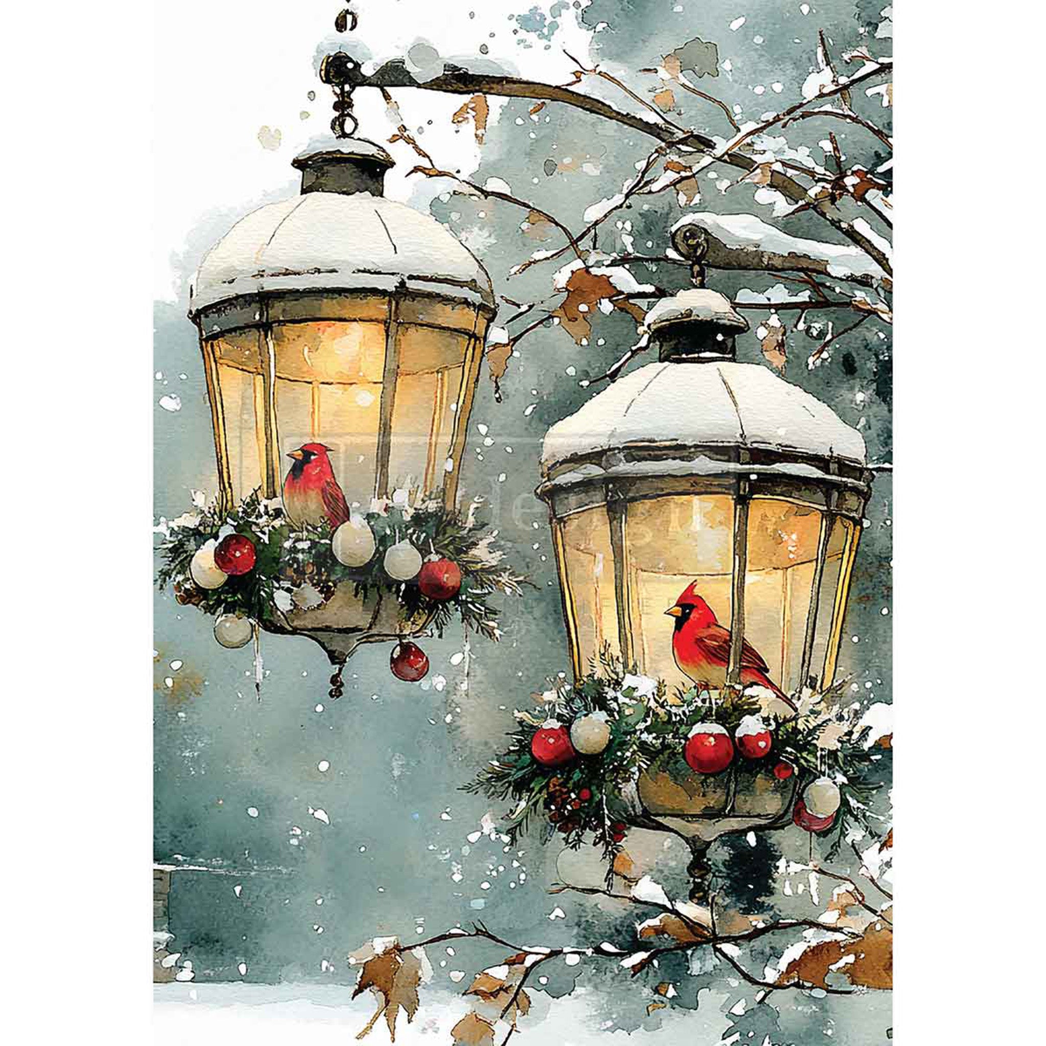 Two snow-covered lanterns with red birds and ornaments against a snowy background