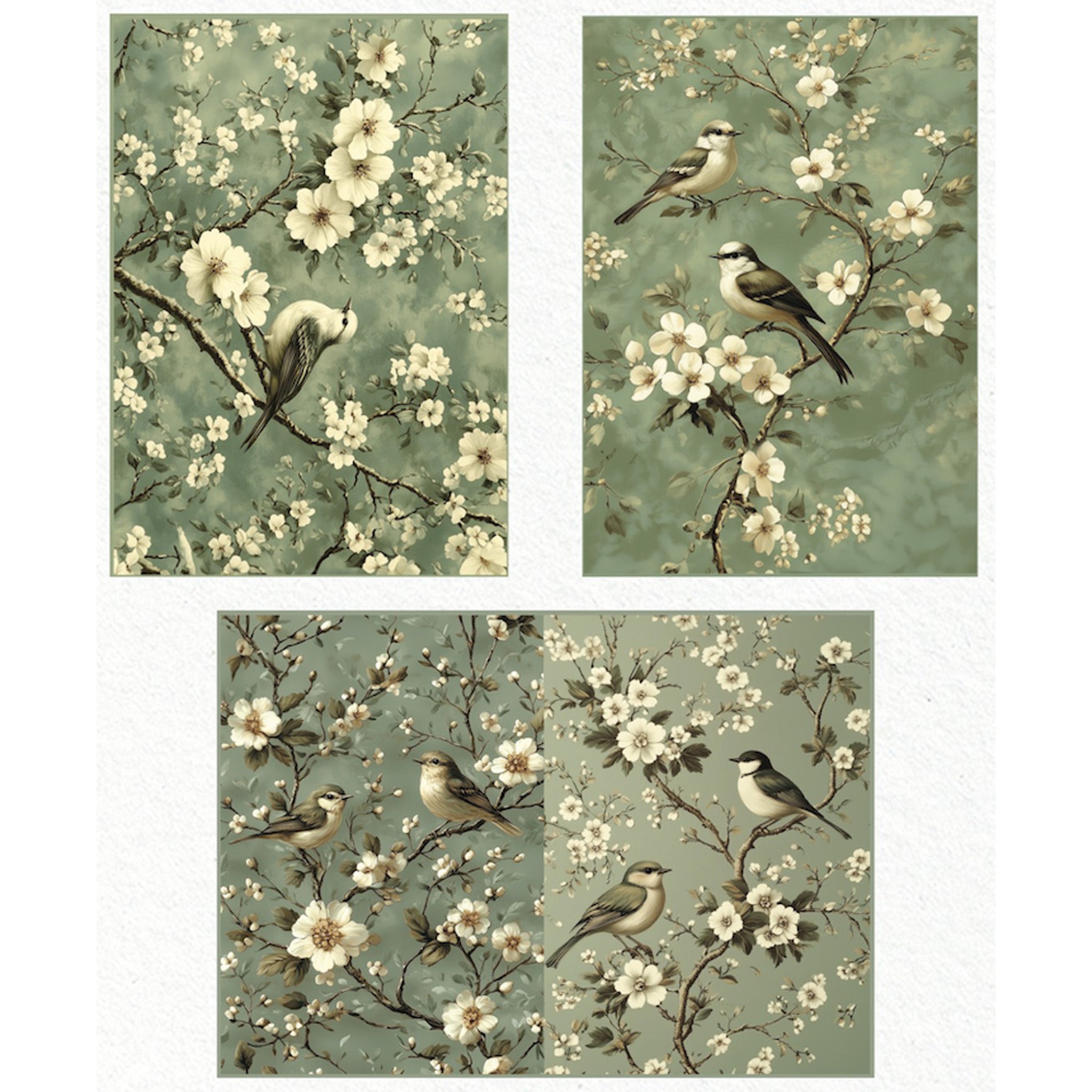 Three sheets of fiber paper against a white background feature soft spring green scenes of birds on soft white floral branches.