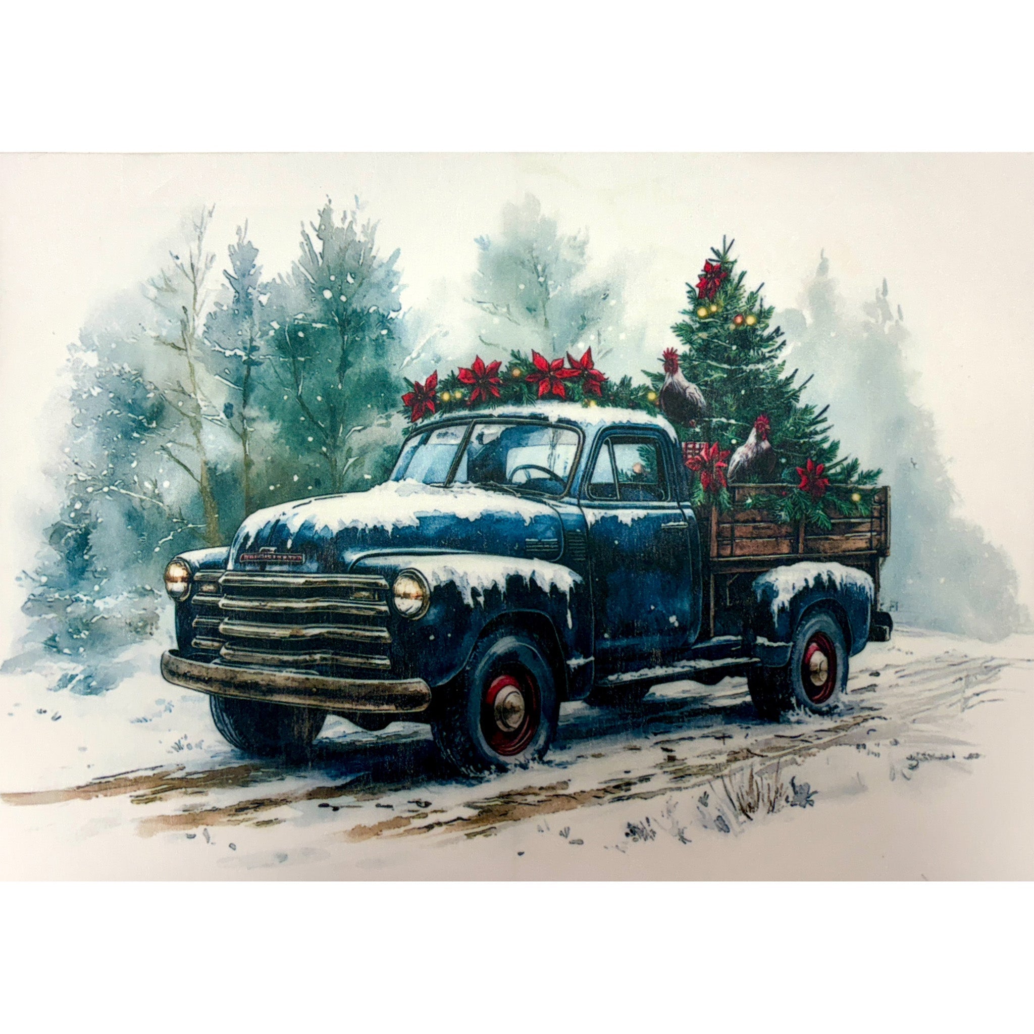 A3 fiber paper featuring a vintage blue farm truck hauling a Christmas tree and poinsettias down a snowy road.