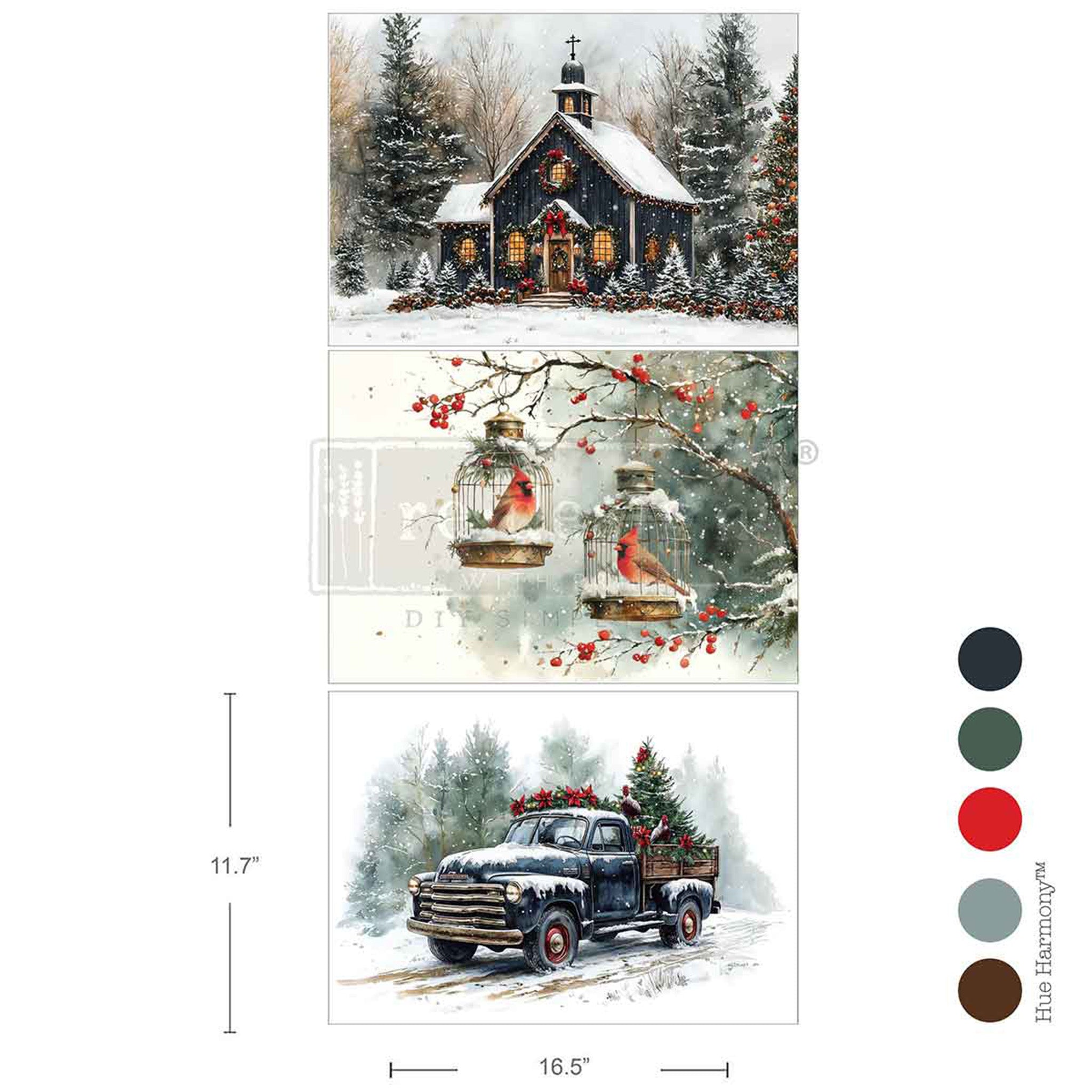 Three sheets of ReDesign with Prima's Christmas Blessings A3 fiber papers are against a white background with 5 color samples to the right. Measurements for 1 sheet reads: 11.7" x 16.5".