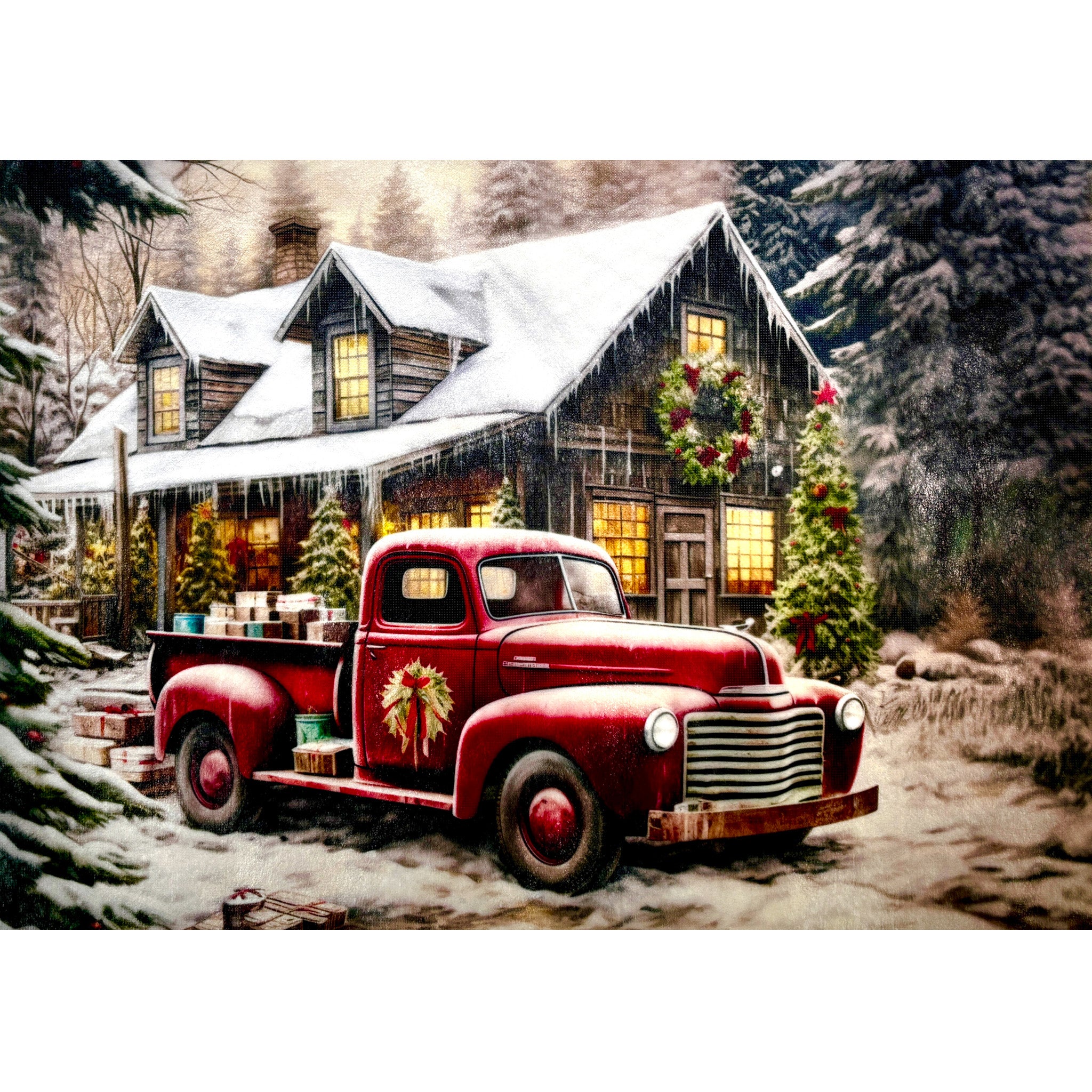 A3 fiber paper featuring a vintage red truck with a snow covered cabin behind it. White borders are on the top and bottom.