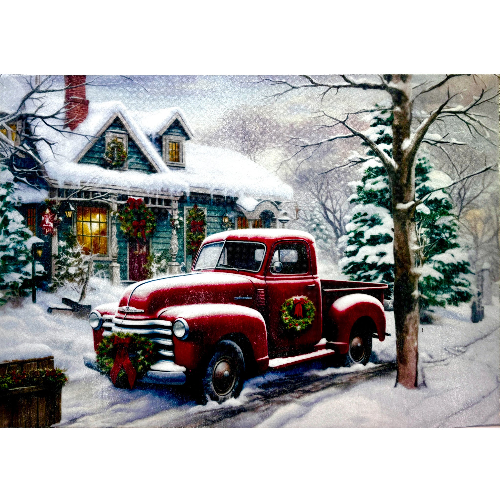 A3 fiber paper design featuring a vintage red truck parked in front of a snow covered house. White borders are on the top and bottom. 