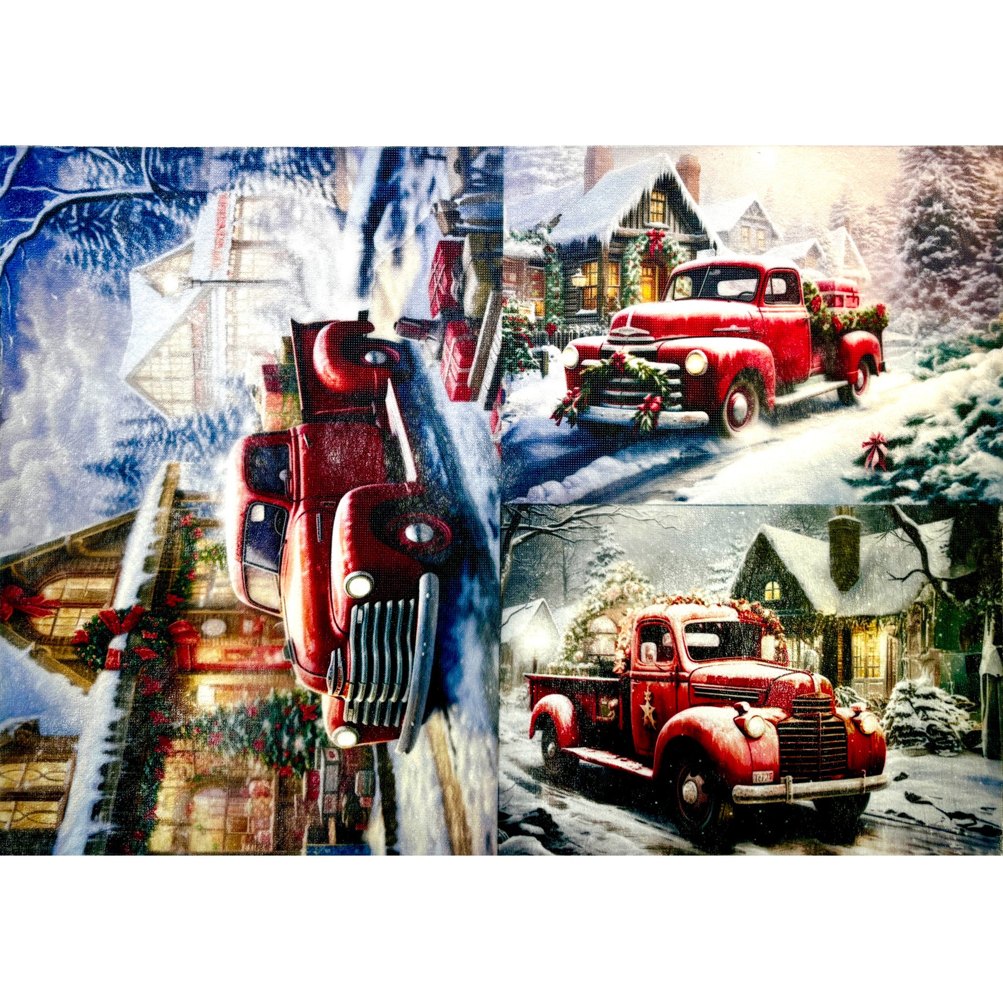 A3 fiber paper featuring 3 scenes of vintage red trucks driving down snow covered streets. White borders are on the top and bottom.