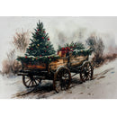 A3 fiber paper featuring a wood horse-drawn wagon filled with a Christmas tree and presents is on a snow covered dirt road.
