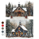 Small wooden churches in a snowy forest with Christmas decorations, surrounded by trees.