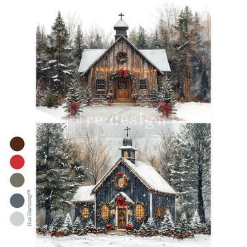 Small wooden churches in a snowy forest with Christmas decorations, surrounded by trees.