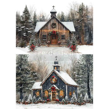 Small wooden churches in a snowy forest with Christmas decorations.