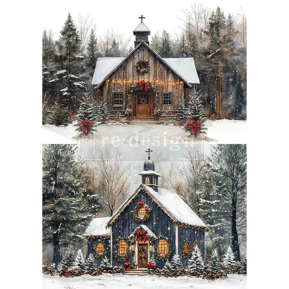 Small wooden churches in a snowy forest with Christmas decorations.