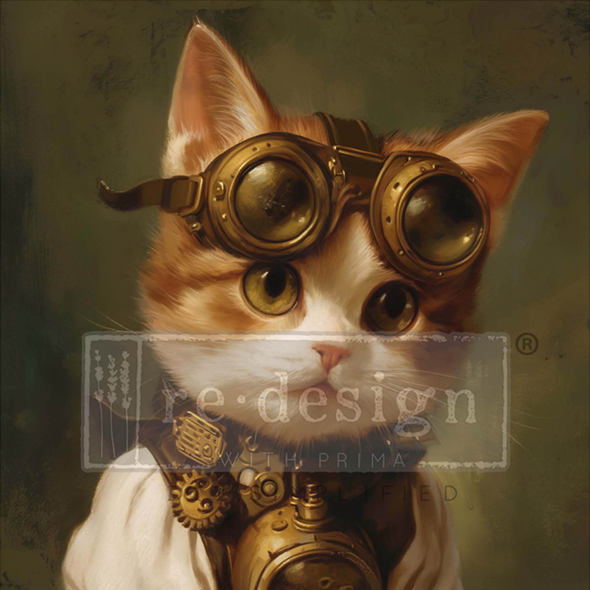 Close-up of an A1 fiber paper featuring a steampunk-inspired design of an adorable orange and white kitten sporting pilot's goggles and clothing.