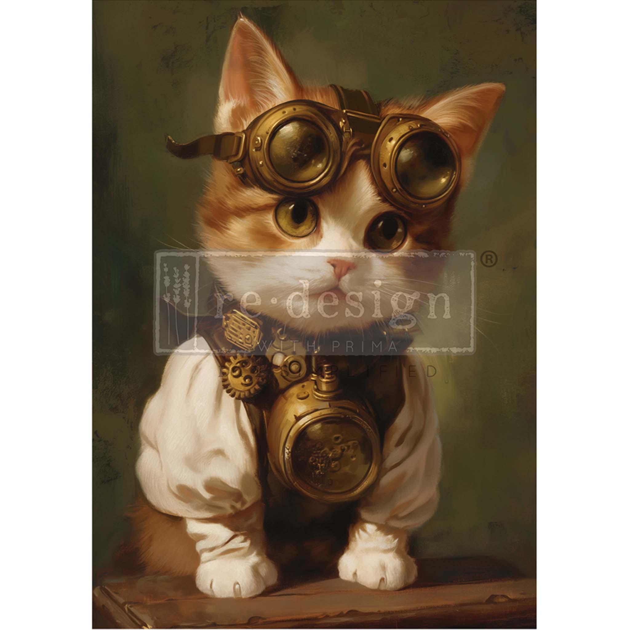A1 fiber paper featuring a steampunk-inspired design of an adorable orange and white kitten sporting pilot's goggles and clothing. White borders are on the sides.