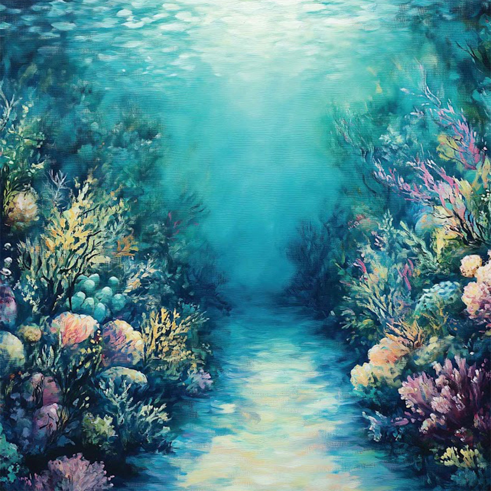 Close-up of an A1 fiber paper featuring a vibrant underwater scene filled with stunning coral reefs and a charming path weaving through them.