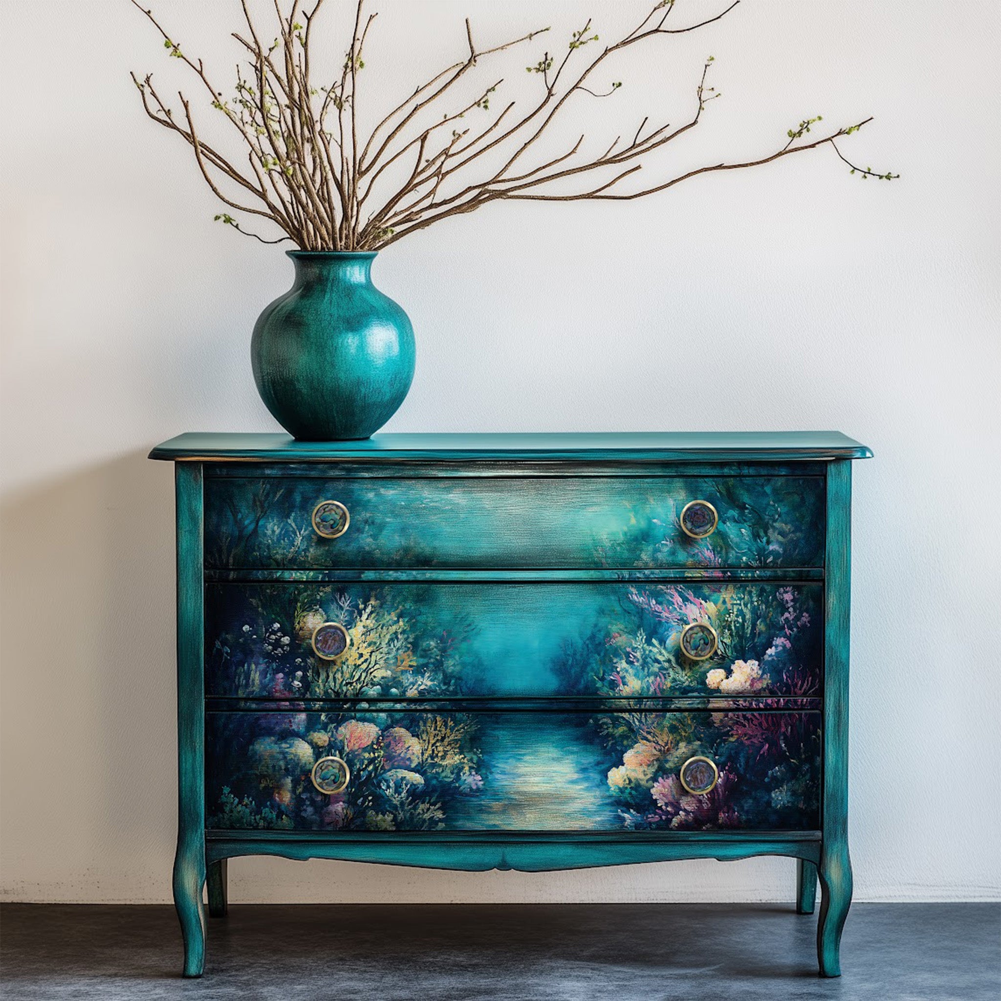 A vintage 3 drawer dresser is painted teal blue and features ReDesign with Prima's Coral Dreams A1 fiber paper on the drawers.