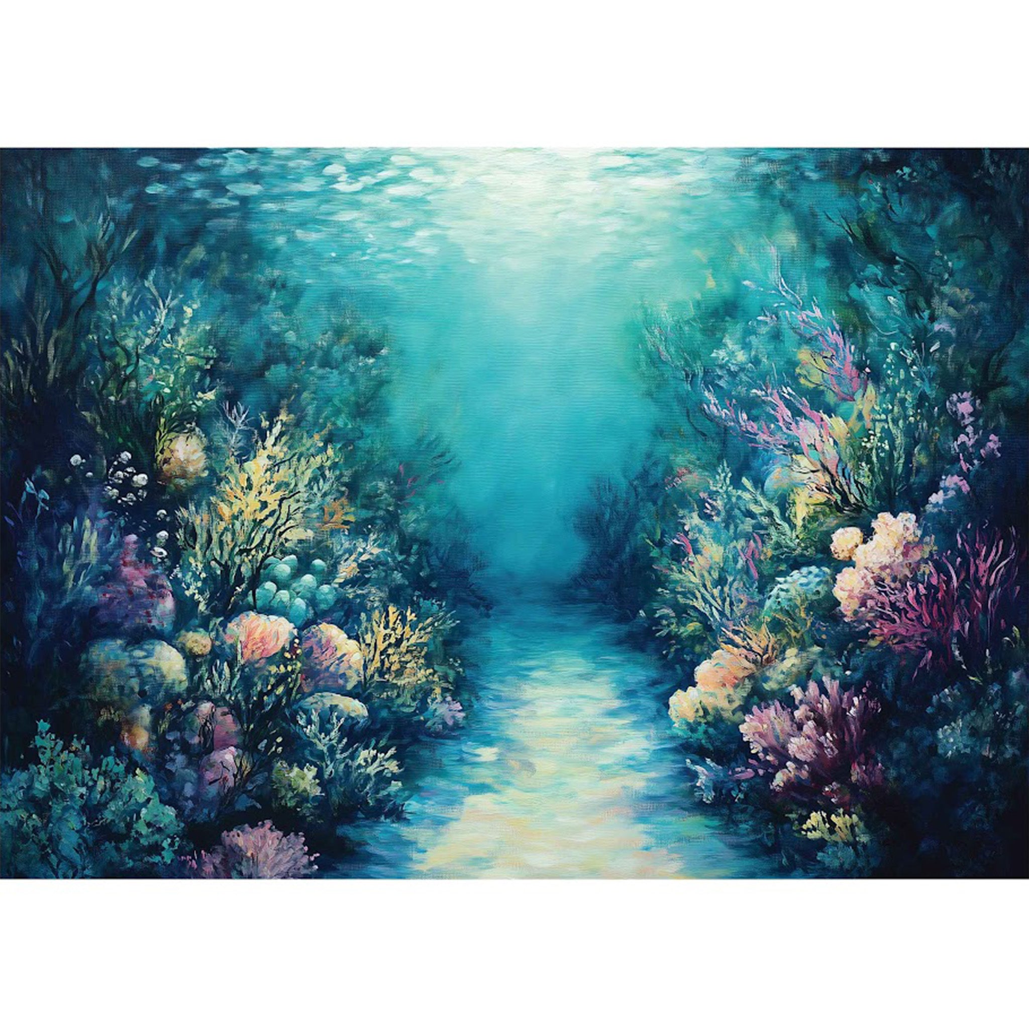 A1 fiber paper featuring a vibrant underwater scene filled with stunning coral reefs and a charming path weaving through them.