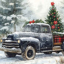 Vintage truck with Christmas tree and decorations in a snowy landscape