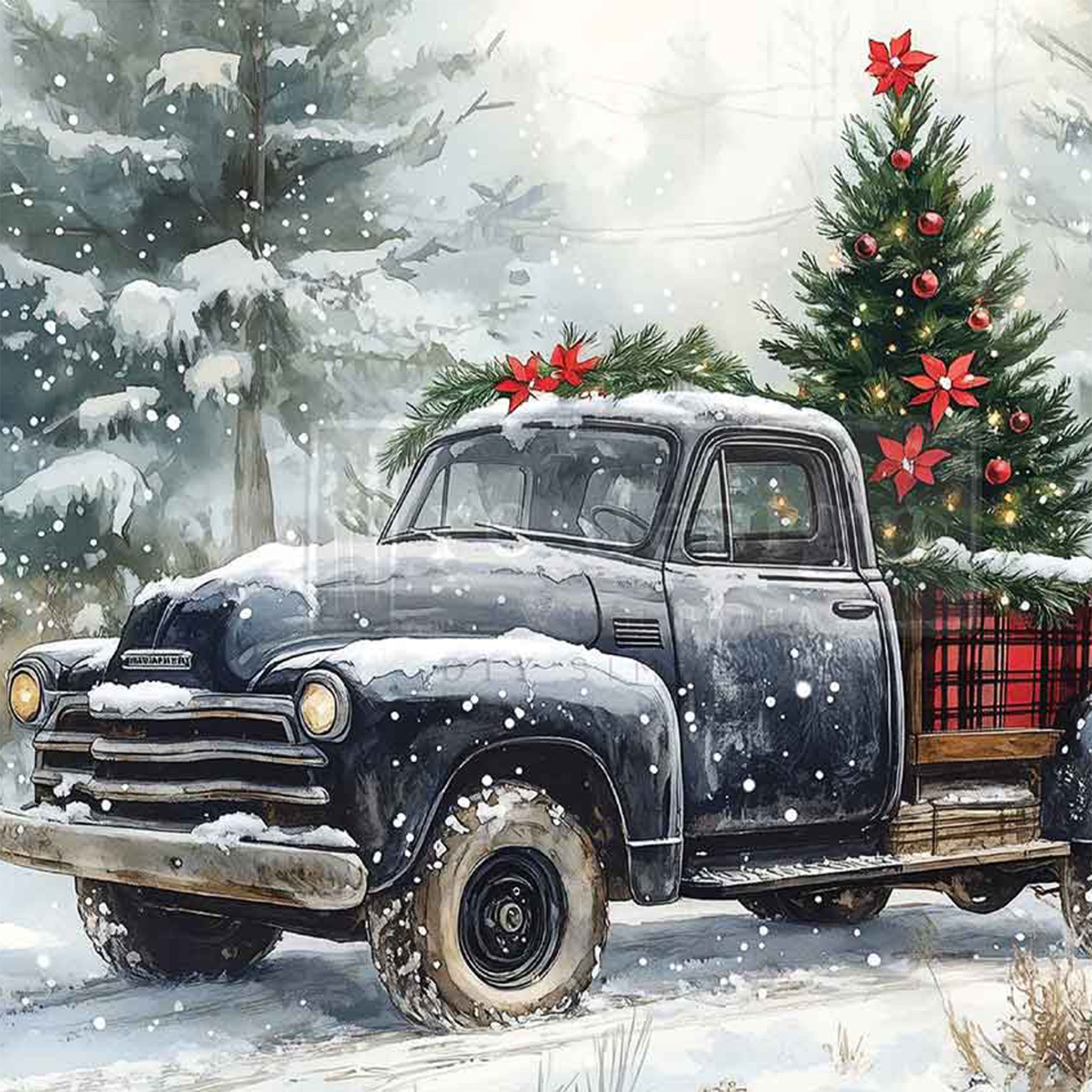 Vintage truck with Christmas tree and decorations in a snowy landscape