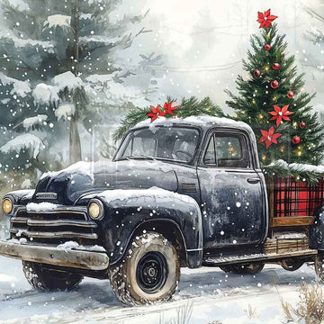 Vintage truck with Christmas tree and decorations in a snowy landscape