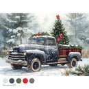 Vintage truck with Christmas tree in a snowy forest, featuring Hue Harmony color swatches.